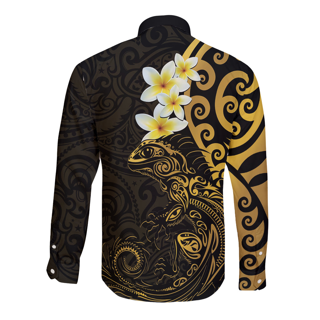 New Zealand Tuatara Plumeria Long Sleeve Button Shirt Maori Gold Koru Tribal Tattoo LT01 - Polynesian Pride