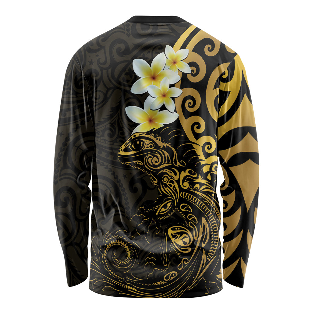 New Zealand Tuatara Plumeria Long Sleeve Shirt Maori Gold Koru Tribal Tattoo LT01 - Polynesian Pride