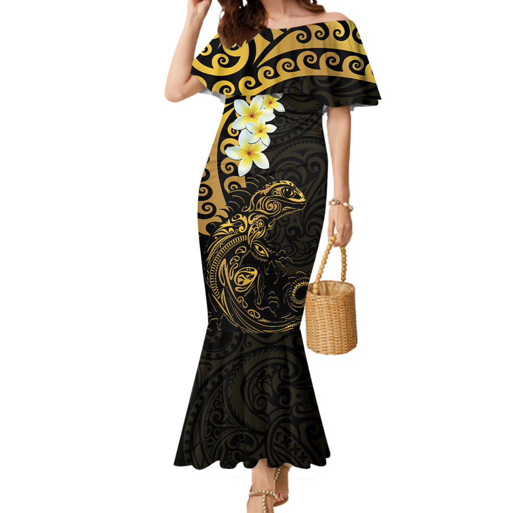 New Zealand Tuatara Plumeria Mermaid Dress Maori Gold Koru Tribal Tattoo LT01 Women Gold - Polynesian Pride