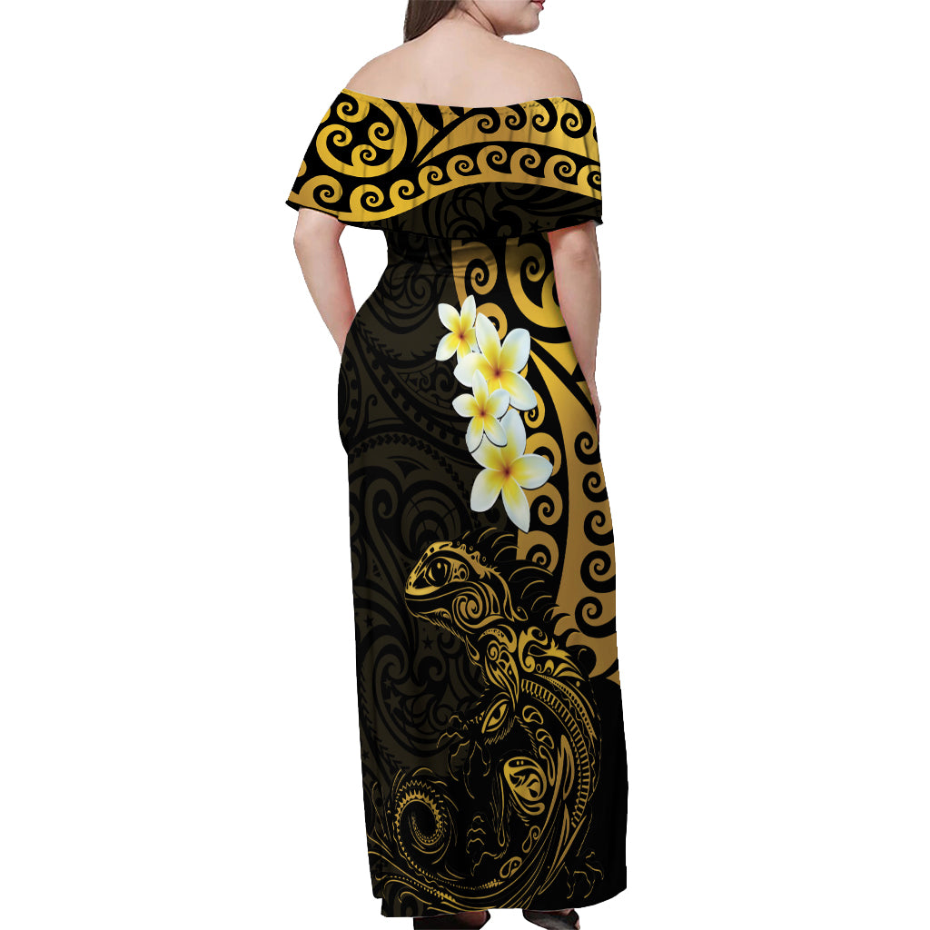 New Zealand Tuatara Plumeria Off Shoulder Maxi Dress Maori Gold Koru Tribal Tattoo LT01 - Polynesian Pride