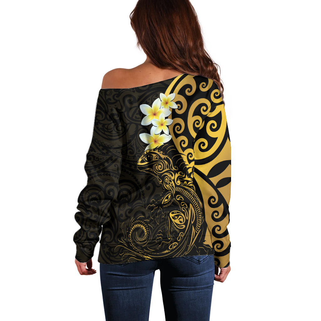 New Zealand Tuatara Plumeria Off Shoulder Sweater Maori Gold Koru Tribal Tattoo LT01 - Polynesian Pride