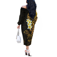 New Zealand Tuatara Plumeria Off The Shoulder Long Sleeve Dress Maori Gold Koru Tribal Tattoo LT01 - Polynesian Pride
