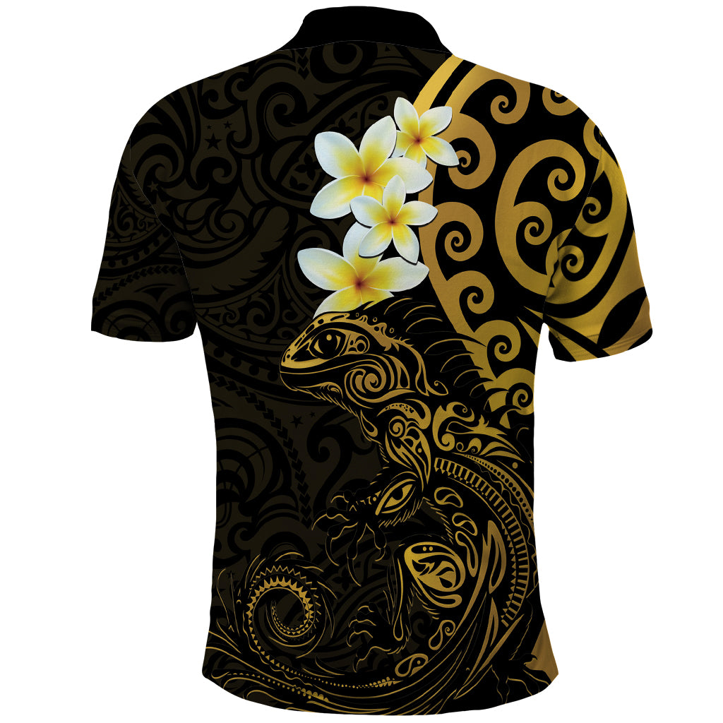 New Zealand Tuatara Plumeria Polo Shirt Maori Gold Koru Tribal Tattoo LT01 - Polynesian Pride