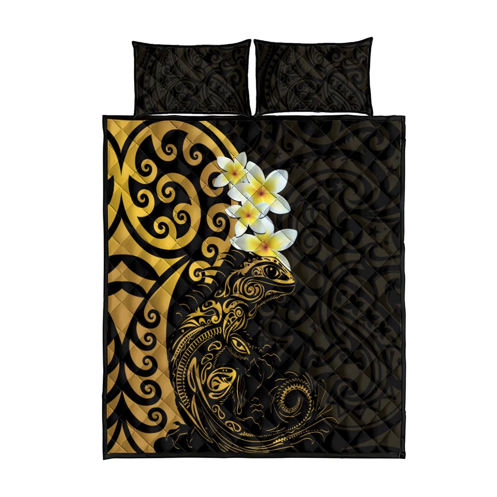 New Zealand Tuatara Plumeria Quilt Bed Set Maori Gold Koru Tribal Tattoo LT01 - Polynesian Pride