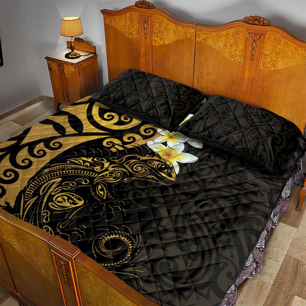 New Zealand Tuatara Plumeria Quilt Bed Set Maori Gold Koru Tribal Tattoo LT01 - Polynesian Pride