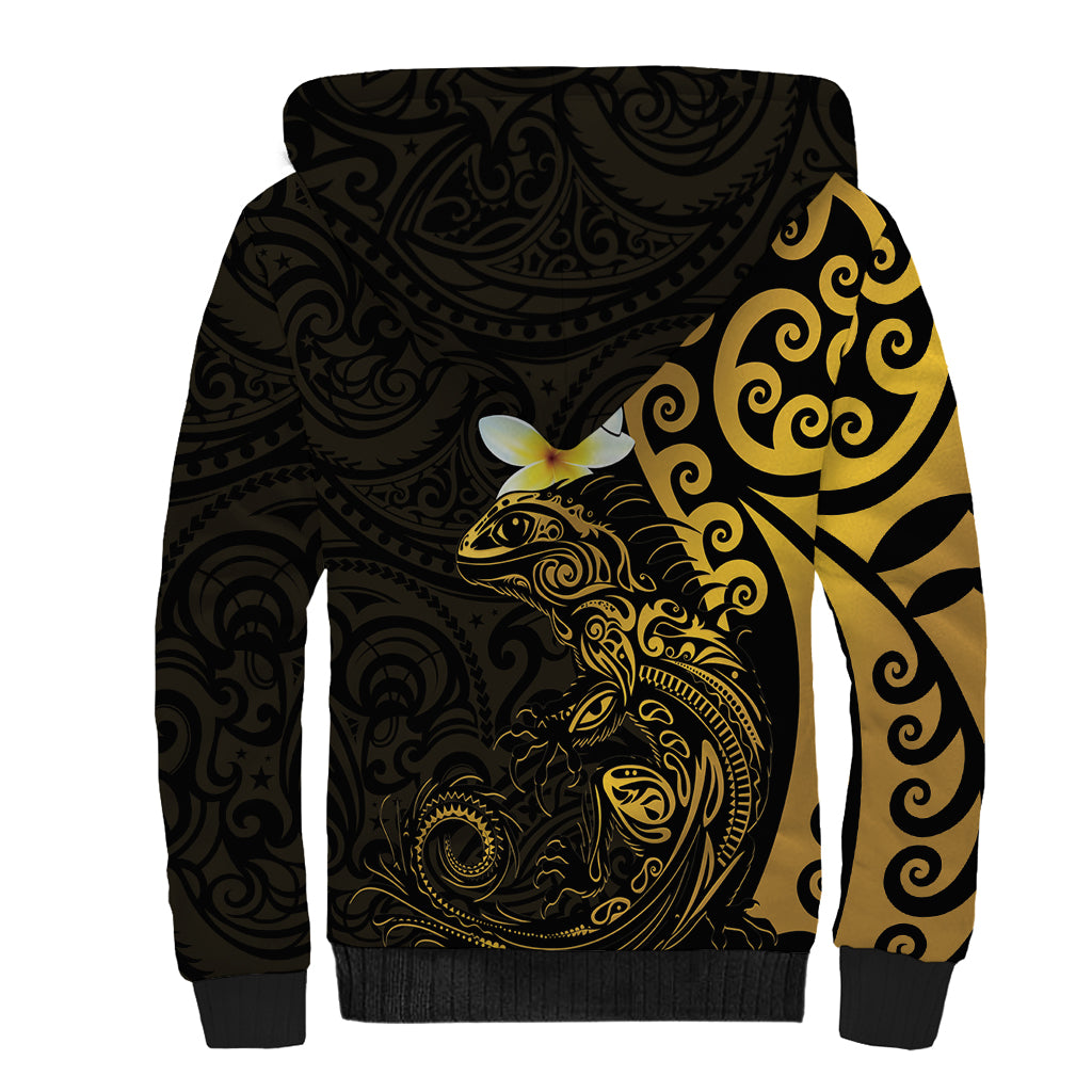 New Zealand Tuatara Plumeria Sherpa Hoodie Maori Gold Koru Tribal Tattoo LT01 - Polynesian Pride
