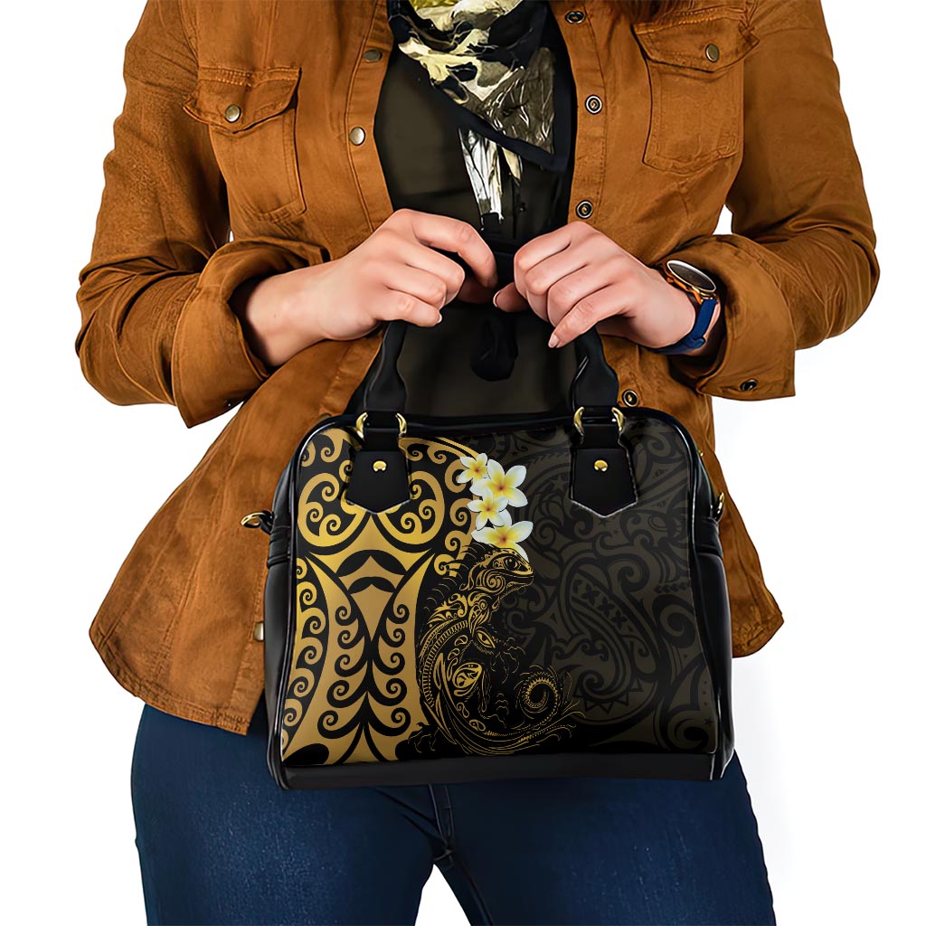 New Zealand Tuatara Plumeria Shoulder Handbag Maori Gold Koru Tribal Tattoo LT01 - Polynesian Pride