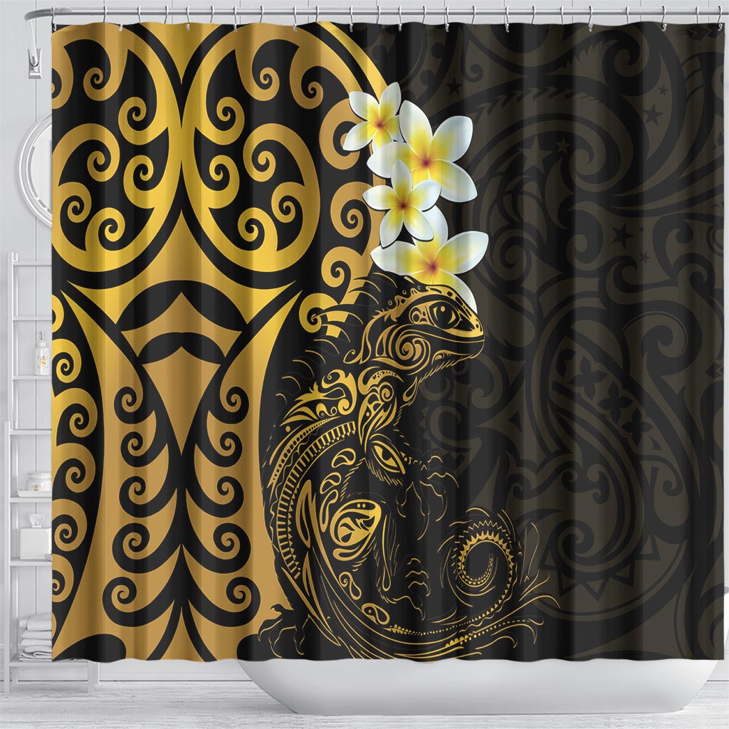 New Zealand Tuatara Plumeria Shower Curtain Maori Gold Koru Tribal Tattoo LT01 - Polynesian Pride