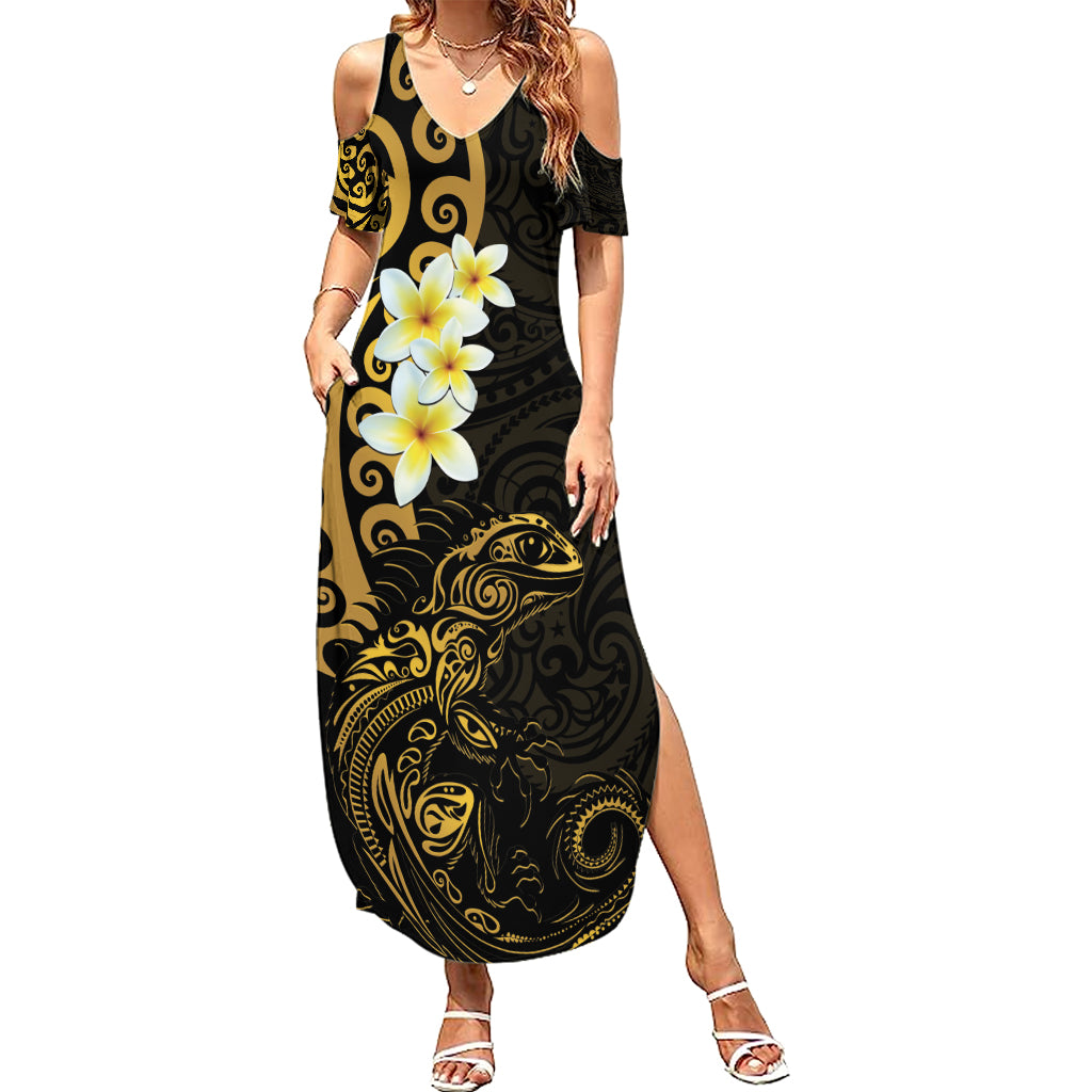 New Zealand Tuatara Plumeria Summer Maxi Dress Maori Gold Koru Tribal Tattoo LT01 Women Gold - Polynesian Pride