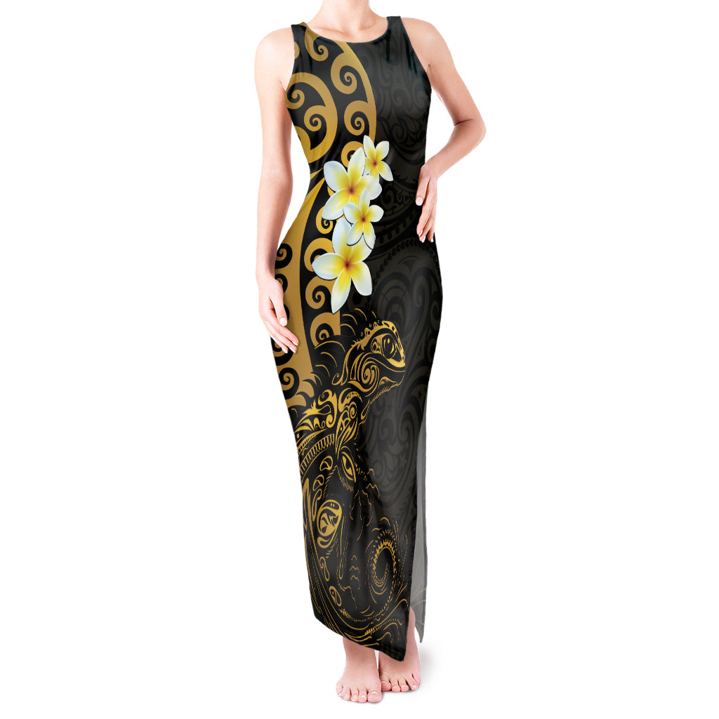 New Zealand Tuatara Plumeria Tank Maxi Dress Maori Gold Koru Tribal Tattoo LT01 Women Gold - Polynesian Pride