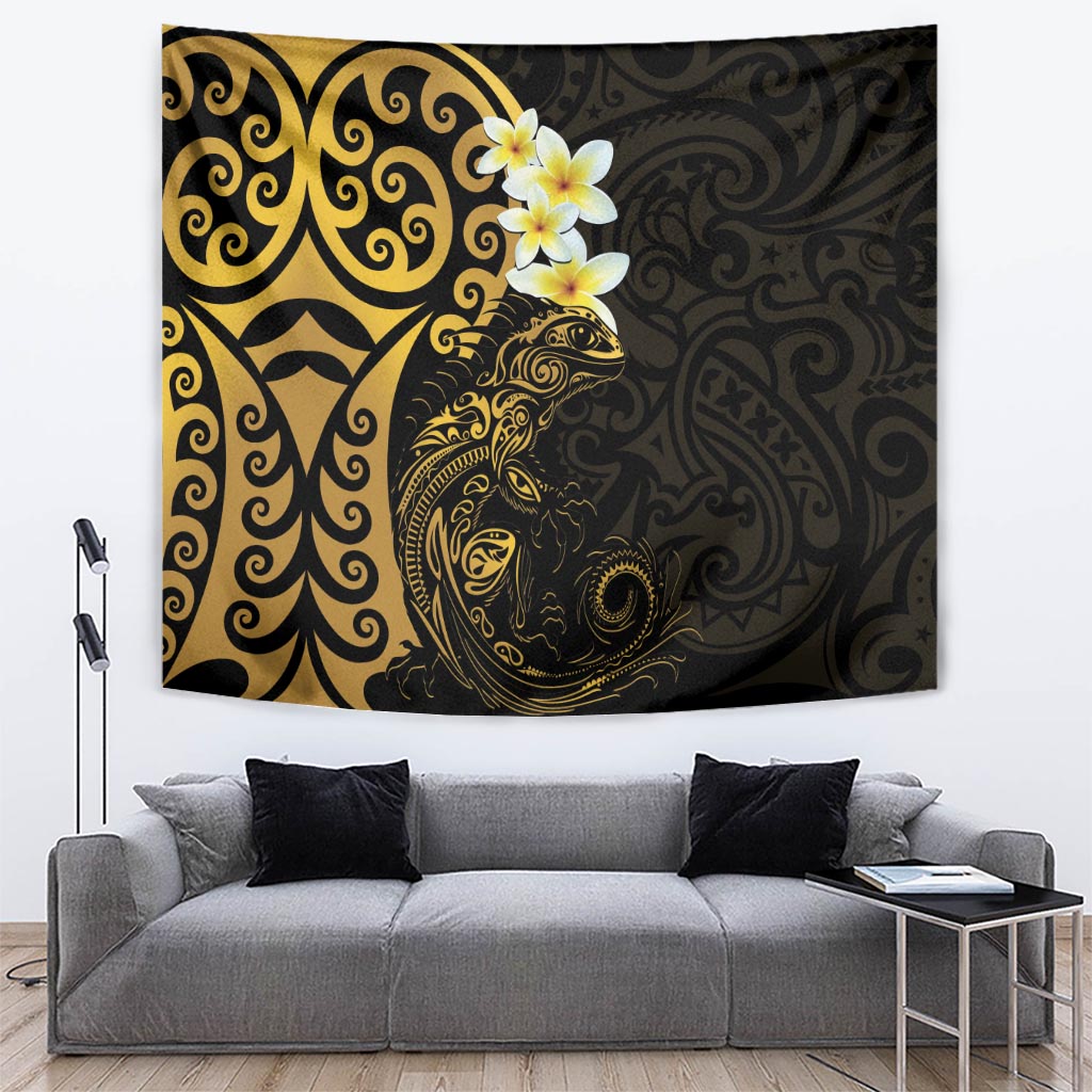 New Zealand Tuatara Plumeria Tapestry Maori Gold Koru Tribal Tattoo LT01 Gold - Polynesian Pride