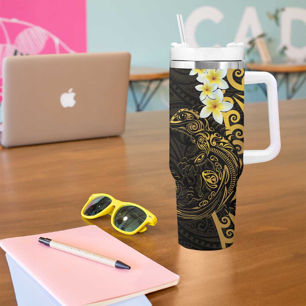 New Zealand Tuatara Plumeria Tumbler With Handle Maori Gold Koru Tribal Tattoo LT01 - Polynesian Pride