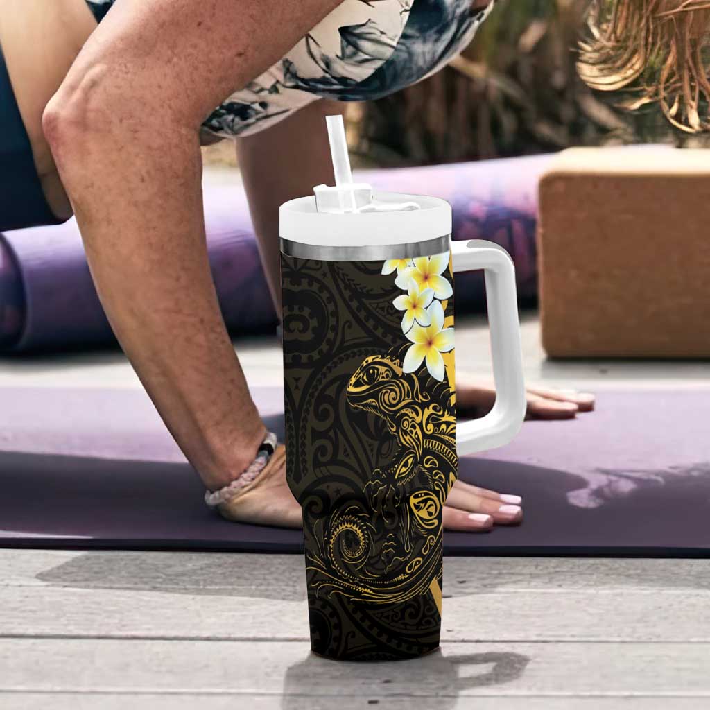 New Zealand Tuatara Plumeria Tumbler With Handle Maori Gold Koru Tribal Tattoo LT01 - Polynesian Pride