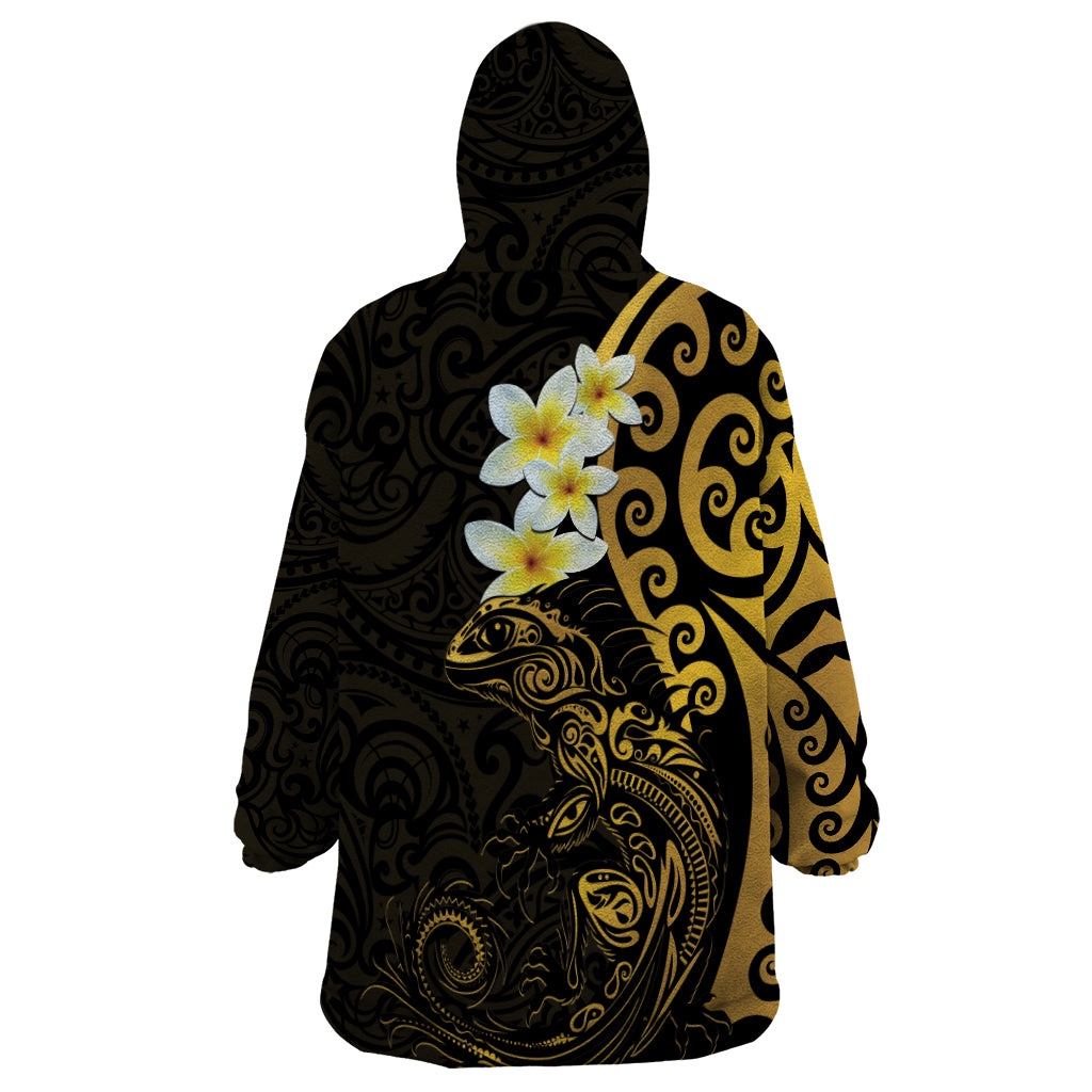 New Zealand Tuatara Plumeria Wearable Blanket Hoodie Maori Gold Koru Tribal Tattoo LT01 - Polynesian Pride