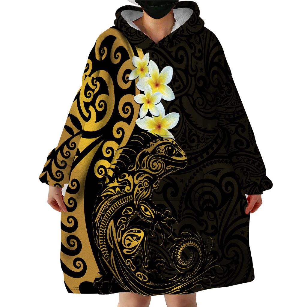 New Zealand Tuatara Plumeria Wearable Blanket Hoodie Maori Gold Koru Tribal Tattoo LT01 - Polynesian Pride
