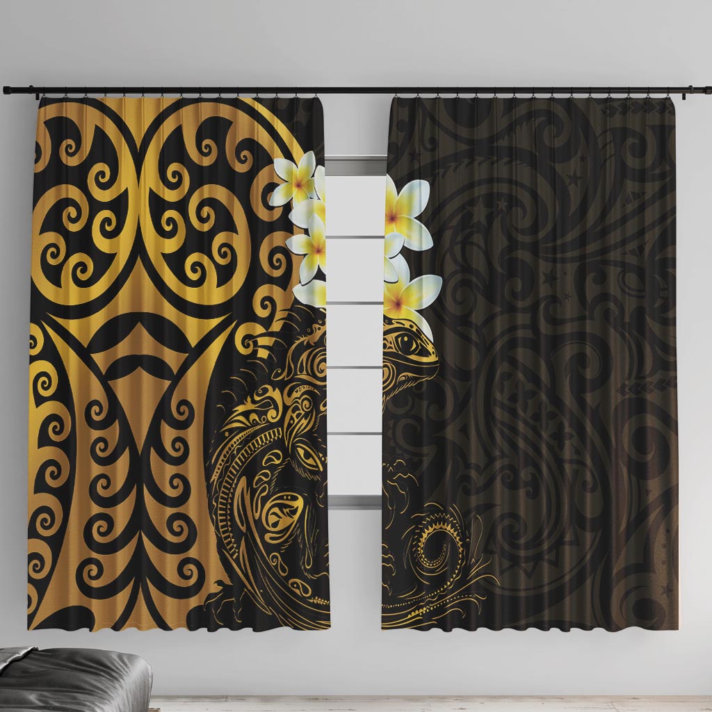 New Zealand Tuatara Plumeria Window Curtain Maori Gold Koru Tribal Tattoo LT01 With Hooks Gold - Polynesian Pride