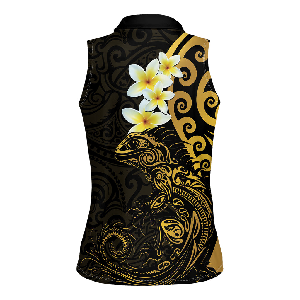 New Zealand Tuatara Plumeria Women Sleeveless Polo Shirt Maori Gold Koru Tribal Tattoo LT01 - Polynesian Pride