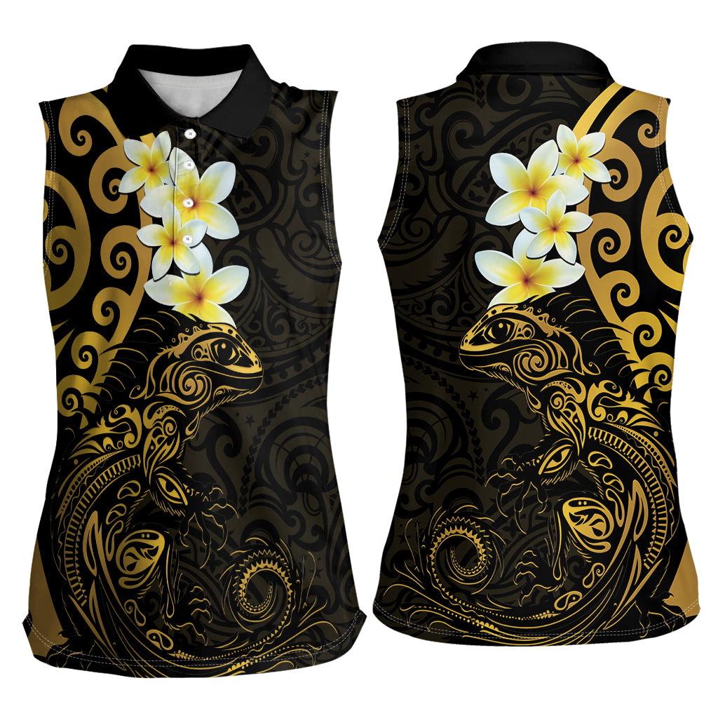 New Zealand Tuatara Plumeria Women Sleeveless Polo Shirt Maori Gold Koru Tribal Tattoo LT01 - Polynesian Pride