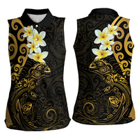 New Zealand Tuatara Plumeria Women Sleeveless Polo Shirt Maori Gold Koru Tribal Tattoo LT01 - Polynesian Pride