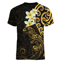 New Zealand Tuatara Plumeria Women V-Neck T-Shirt Maori Gold Koru Tribal Tattoo LT01 - Polynesian Pride
