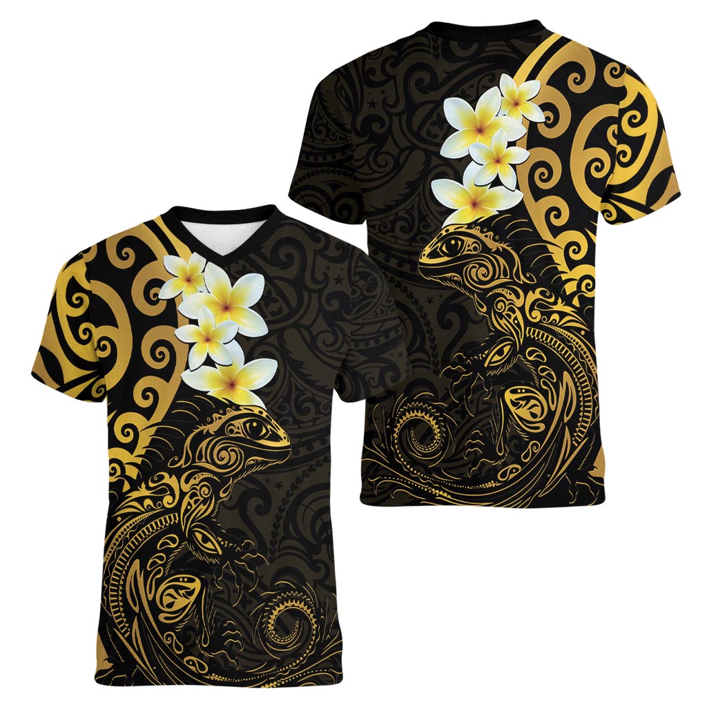 New Zealand Tuatara Plumeria Women V-Neck T-Shirt Maori Gold Koru Tribal Tattoo LT01 - Polynesian Pride