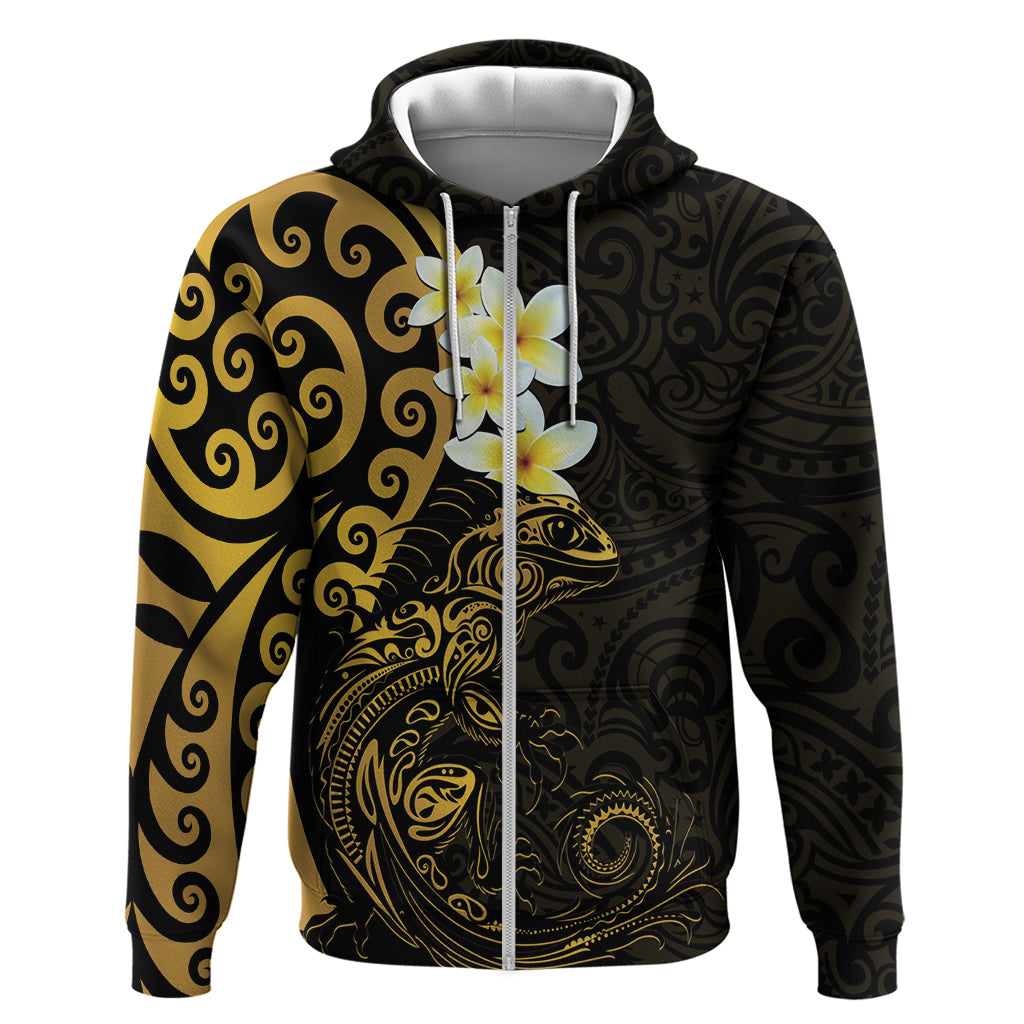 New Zealand Tuatara Plumeria Zip Hoodie Maori Gold Koru Tribal Tattoo LT01 Zip Hoodie Gold - Polynesian Pride