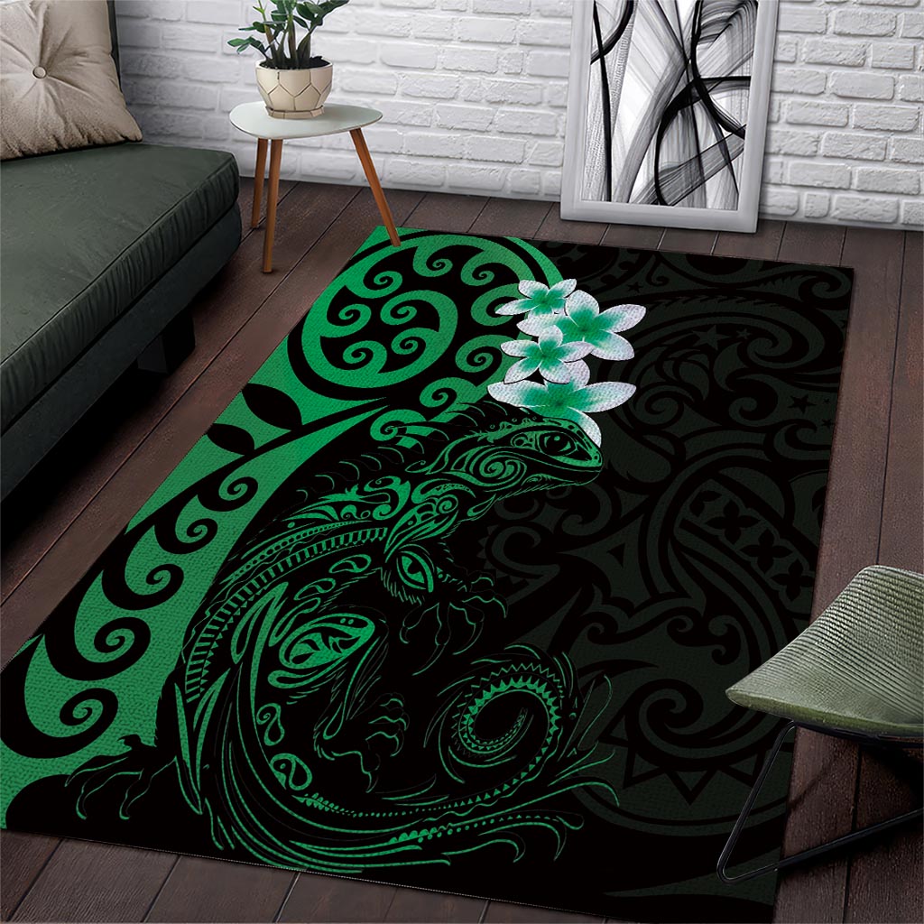 New Zealand Tuatara Plumeria Area Rug Maori Green Koru Tribal Tattoo LT01 Green - Polynesian Pride