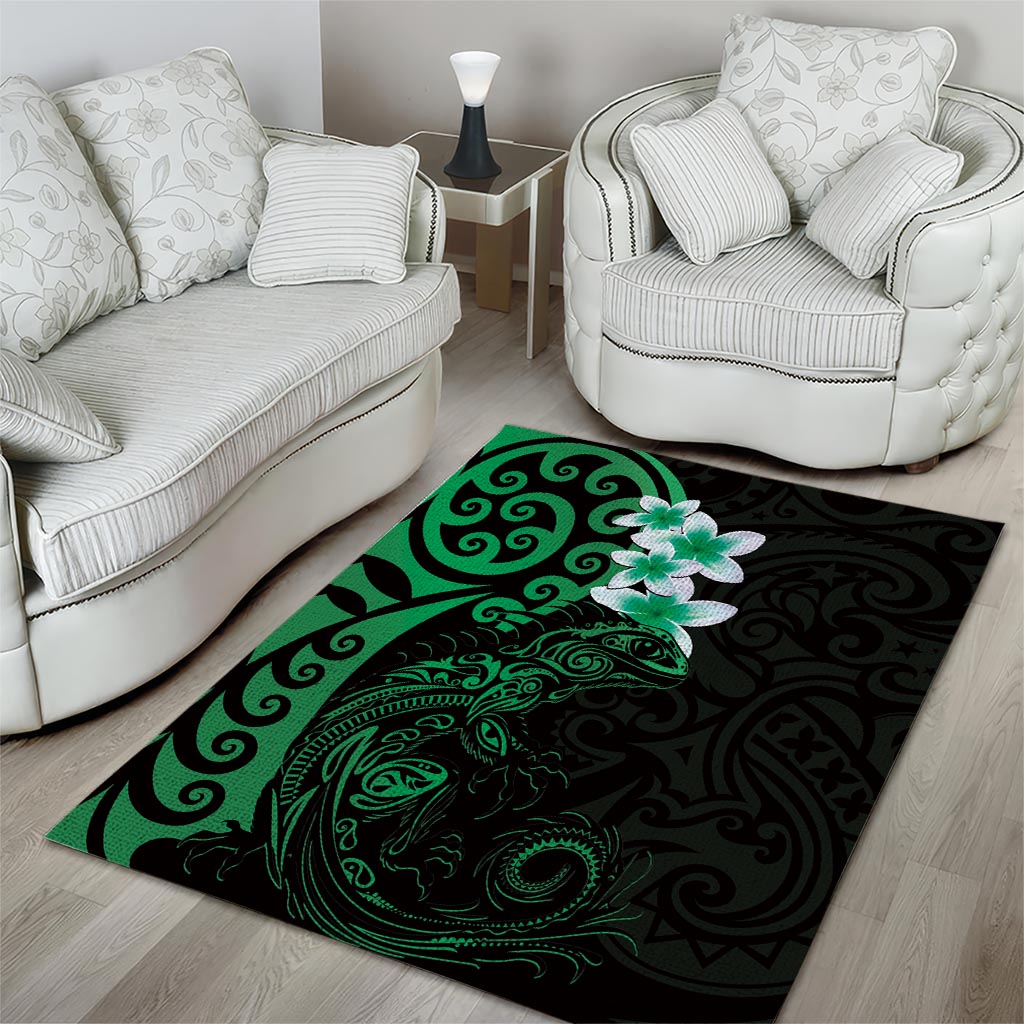 New Zealand Tuatara Plumeria Area Rug Maori Green Koru Tribal Tattoo LT01 - Polynesian Pride