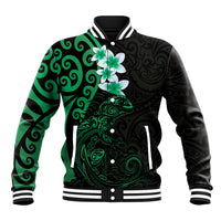 New Zealand Tuatara Plumeria Baseball Jacket Maori Green Koru Tribal Tattoo LT01 Unisex Green - Polynesian Pride