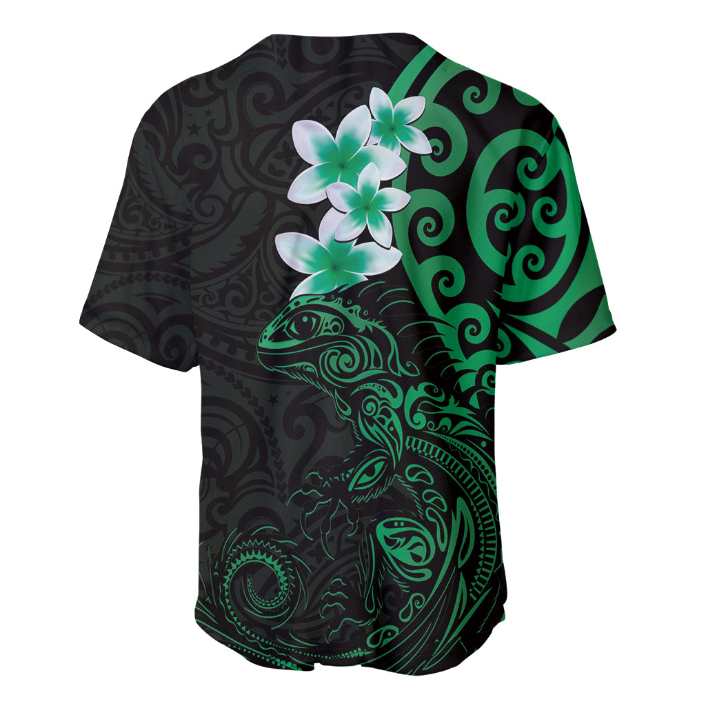New Zealand Tuatara Plumeria Baseball Jersey Maori Green Koru Tribal Tattoo LT01 - Polynesian Pride