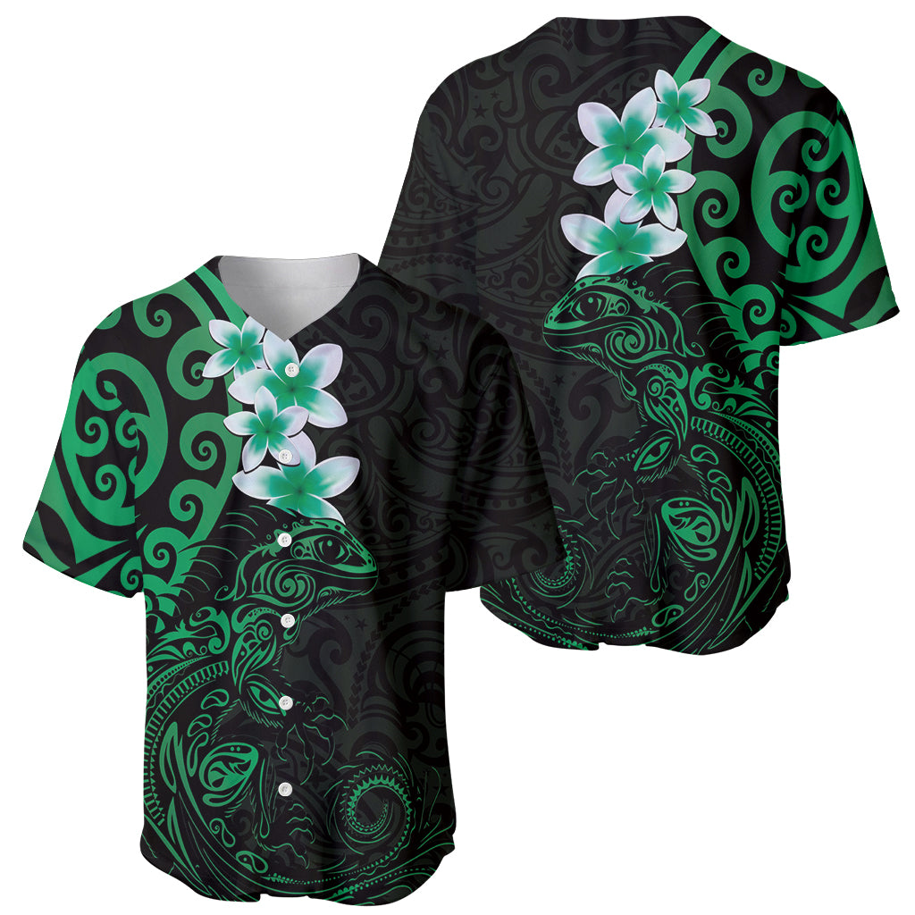 New Zealand Tuatara Plumeria Baseball Jersey Maori Green Koru Tribal Tattoo LT01 - Polynesian Pride