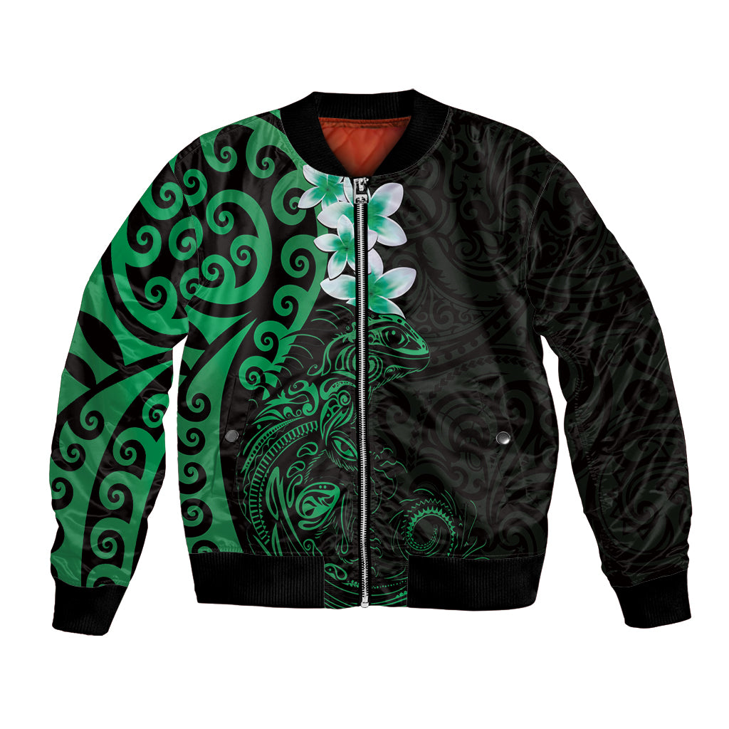New Zealand Tuatara Plumeria Bomber Jacket Maori Green Koru Tribal Tattoo LT01 Unisex Green - Polynesian Pride
