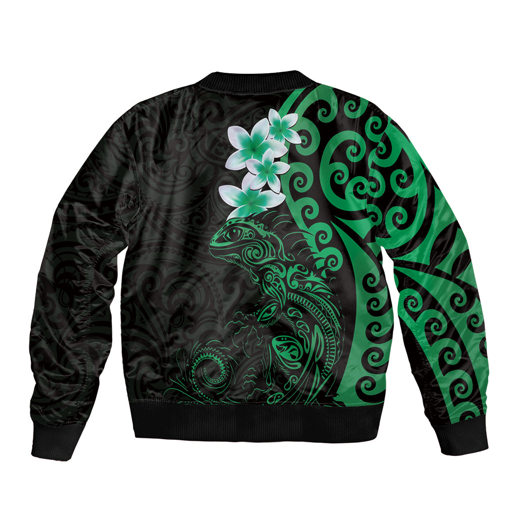 New Zealand Tuatara Plumeria Bomber Jacket Maori Green Koru Tribal Tattoo LT01 - Polynesian Pride