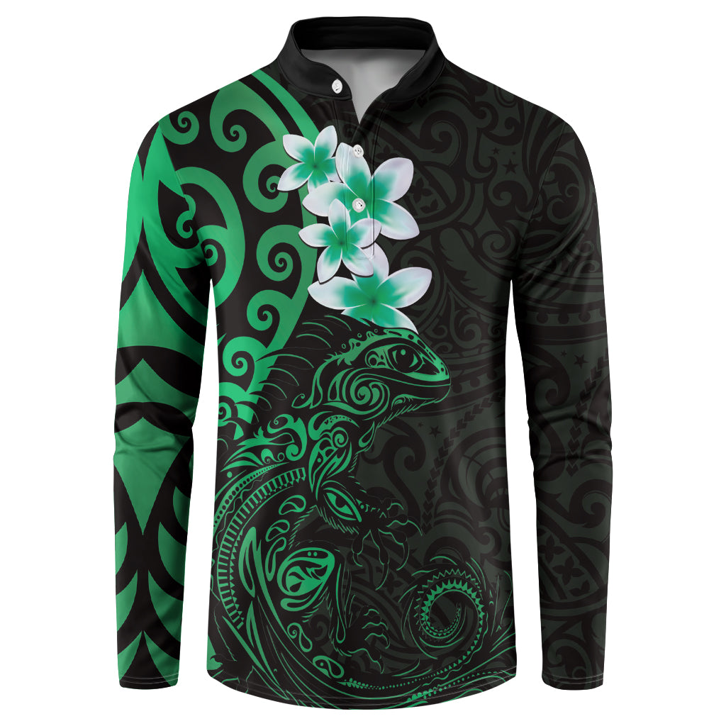New Zealand Tuatara Plumeria Button Sweatshirt Maori Green Koru Tribal Tattoo LT01 Green - Polynesian Pride