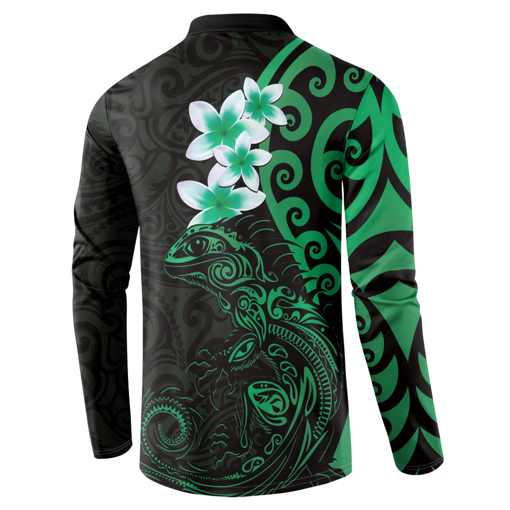 New Zealand Tuatara Plumeria Button Sweatshirt Maori Green Koru Tribal Tattoo LT01 - Polynesian Pride
