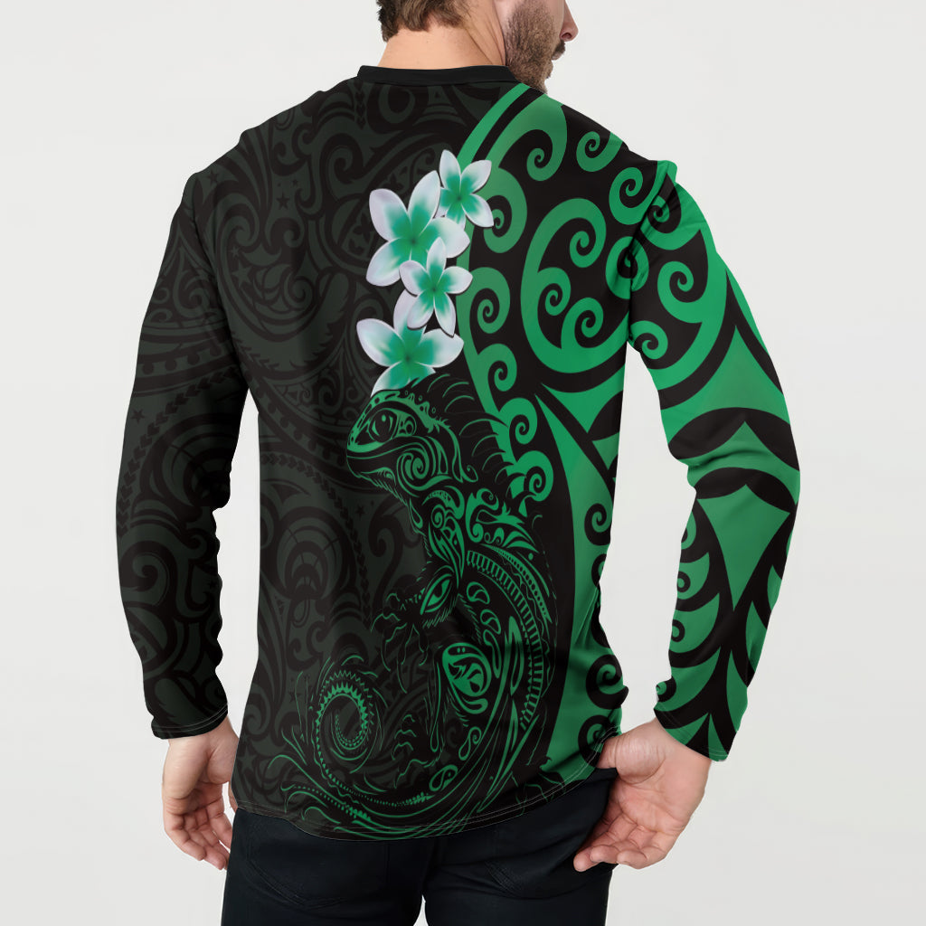 New Zealand Tuatara Plumeria Button Sweatshirt Maori Green Koru Tribal Tattoo LT01 - Polynesian Pride