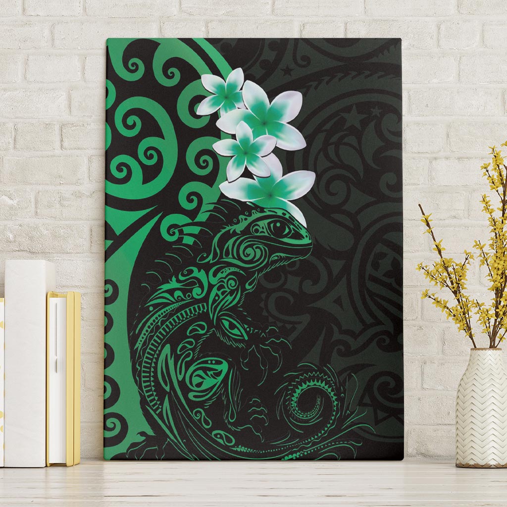 New Zealand Tuatara Plumeria Canvas Wall Art Maori Green Koru Tribal Tattoo LT01 Without Frame Green - Polynesian Pride
