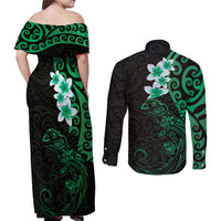 New Zealand Tuatara Plumeria Couples Matching Off Shoulder Maxi Dress and Long Sleeve Button Shirt Maori Green Koru Tribal Tattoo LT01 - Polynesian Pride