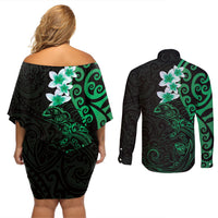 New Zealand Tuatara Plumeria Couples Matching Off Shoulder Short Dress and Long Sleeve Button Shirt Maori Green Koru Tribal Tattoo LT01 - Polynesian Pride