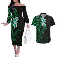New Zealand Tuatara Plumeria Couples Matching Off The Shoulder Long Sleeve Dress and Hawaiian Shirt Maori Green Koru Tribal Tattoo LT01 Green - Polynesian Pride