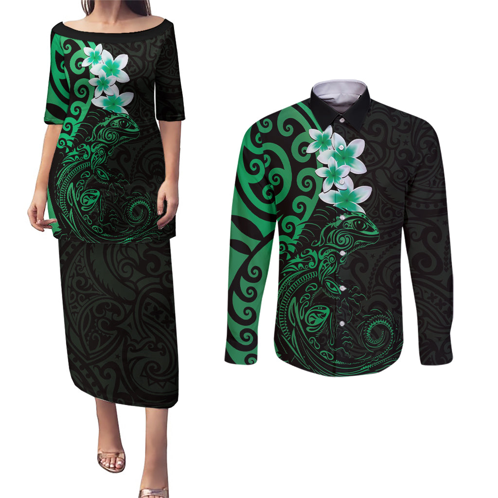 New Zealand Tuatara Plumeria Couples Matching Puletasi and Long Sleeve Button Shirt Maori Green Koru Tribal Tattoo LT01 Green - Polynesian Pride