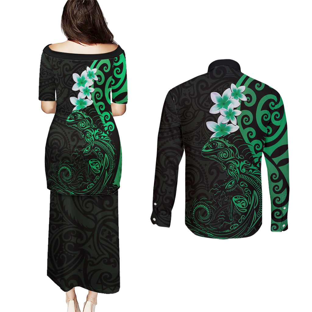 New Zealand Tuatara Plumeria Couples Matching Puletasi and Long Sleeve Button Shirt Maori Green Koru Tribal Tattoo LT01 - Polynesian Pride