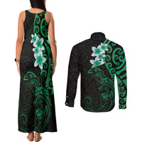 New Zealand Tuatara Plumeria Couples Matching Tank Maxi Dress and Long Sleeve Button Shirt Maori Green Koru Tribal Tattoo LT01 - Polynesian Pride