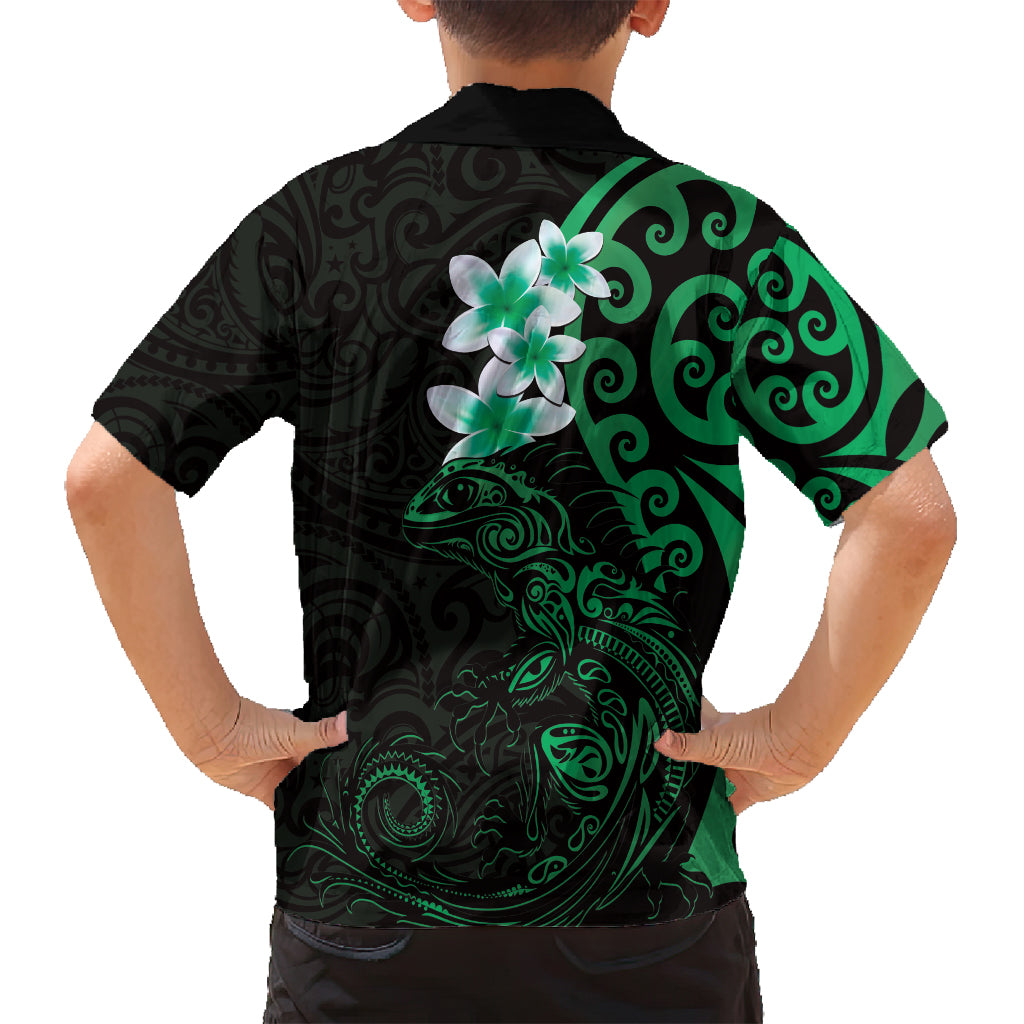 New Zealand Tuatara Plumeria Family Matching Long Sleeve Bodycon Dress and Hawaiian Shirt Maori Green Koru Tribal Tattoo LT01 - Polynesian Pride