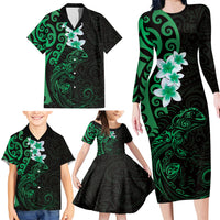 New Zealand Tuatara Plumeria Family Matching Long Sleeve Bodycon Dress and Hawaiian Shirt Maori Green Koru Tribal Tattoo LT01 - Polynesian Pride