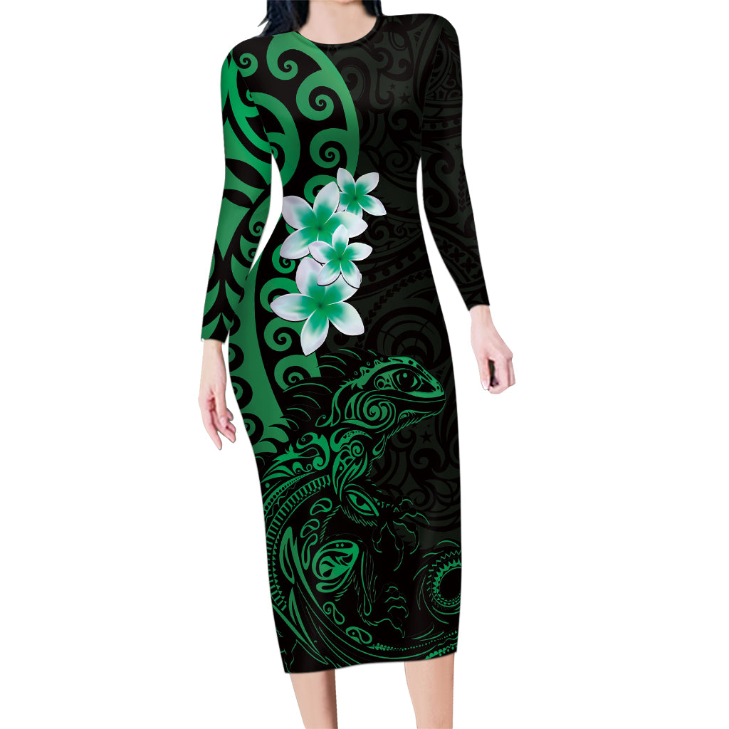 New Zealand Tuatara Plumeria Family Matching Long Sleeve Bodycon Dress and Hawaiian Shirt Maori Green Koru Tribal Tattoo LT01 Mom's Dress Green - Polynesian Pride