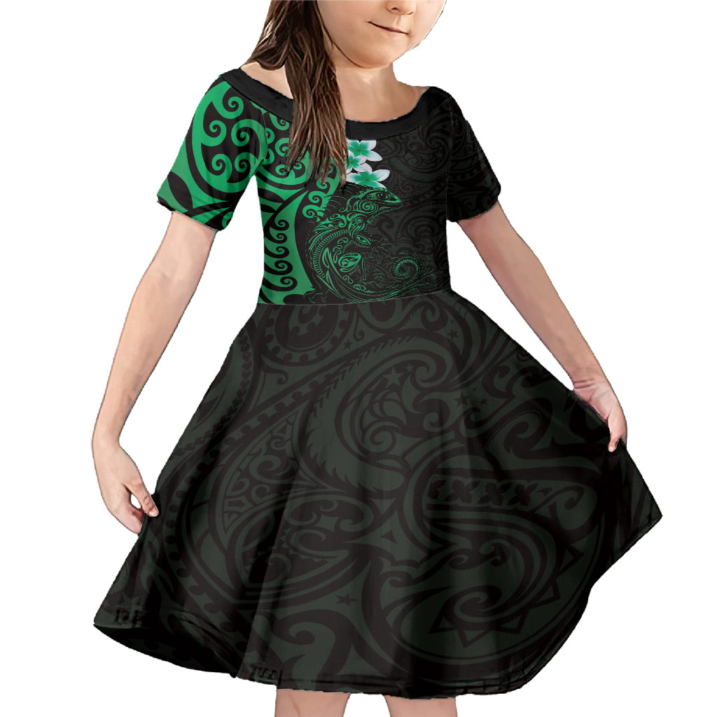 New Zealand Tuatara Plumeria Family Matching Mermaid Dress and Hawaiian Shirt Maori Green Koru Tribal Tattoo LT01 Daughter's Dress Green - Polynesian Pride