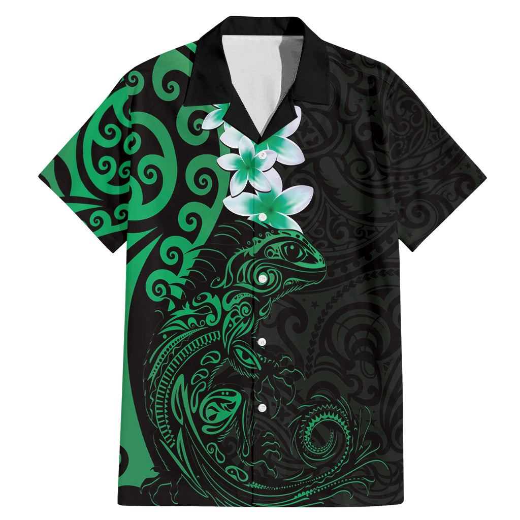 New Zealand Tuatara Plumeria Family Matching Mermaid Dress and Hawaiian Shirt Maori Green Koru Tribal Tattoo LT01 Dad's Shirt - Short Sleeve Green - Polynesian Pride