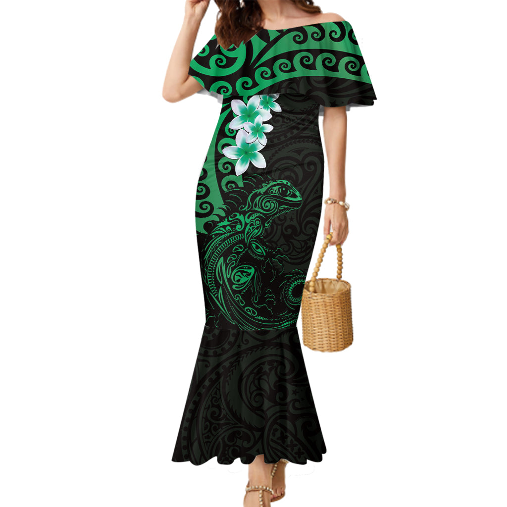 New Zealand Tuatara Plumeria Family Matching Mermaid Dress and Hawaiian Shirt Maori Green Koru Tribal Tattoo LT01 Mom's Dress Green - Polynesian Pride