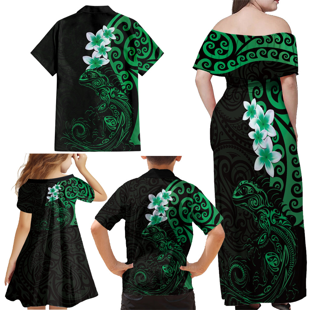 New Zealand Tuatara Plumeria Family Matching Off Shoulder Maxi Dress and Hawaiian Shirt Maori Green Koru Tribal Tattoo LT01 - Polynesian Pride